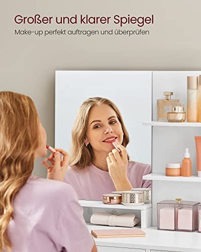 VASAGLE sminkebord, m. speil, 1 skuff, 4 hyller, 1 skapspeilglass og hvit sponplate (80x40)