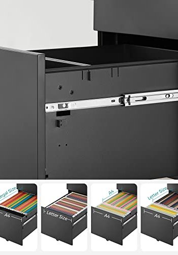 SONGMICS mobilt arkivskap, m. 3 skuffer, lsbar stlsokkel, hengeskinner, hjul - sort stl