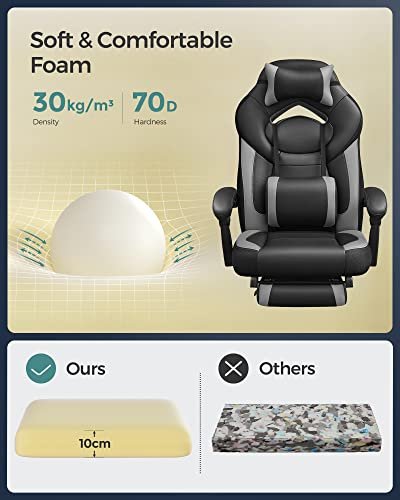 SONGMICS gaming stol, justerbar nakkest�tte og korsryggst�tte, fotst�tte, armlener - sort/gr� kunstskinn