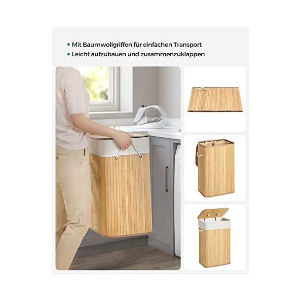 SONGMICS vasketjskurv, foldbar, m. 1 lg, aftageligt og vaskbart for - bomuld og natur bambus
