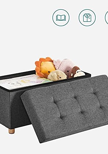 SONGMICS oppbevaringsbenk, m. 1 lokk, sammenleggbart - mrkegr lin og naturlig tre (76x38)