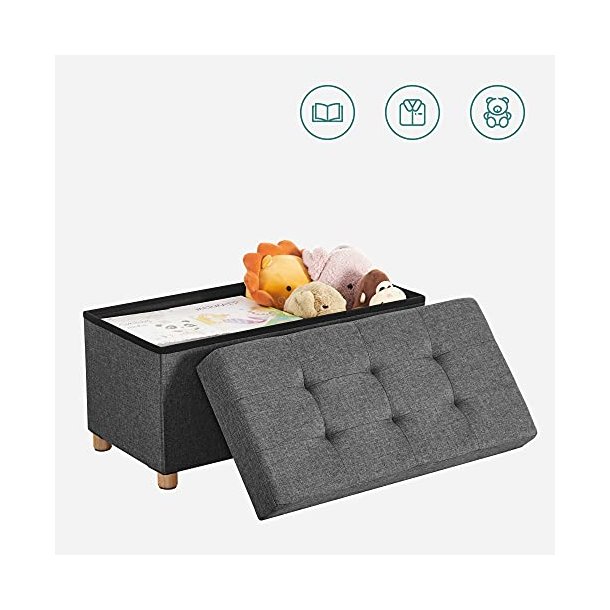 SONGMICS opbevaringsbnk, m. 1 lg, foldbar - mrkegr linned og natur tr (76x38)