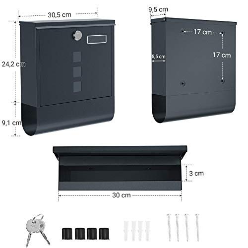 SONGMICS vegghengt postkasse, lukket ls, m. avisholder, navneskilt - antrasittgrtt stl
