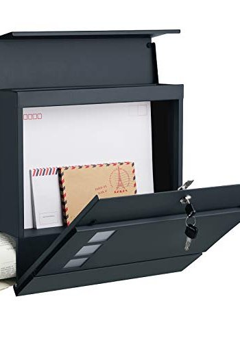 SONGMICS vegghengt postkasse, lsbar, med avisholder - antrasittgr galvanisert stl