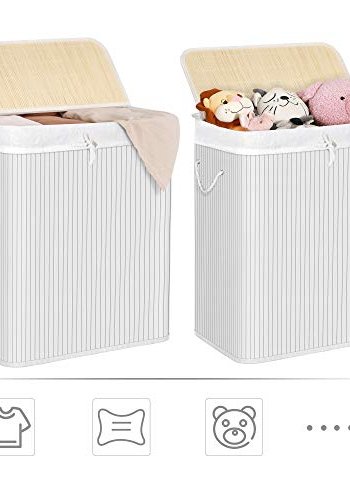 SONGMICS Delt vaskekurv med lokk, 2 seksjoner, avtagbart fôr, hndtak - hvit bomull og bambus