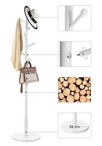 VASAGLE Stummschalter, mit 7 abgerundeten Haken – weißes Gummibaumholz und MDF