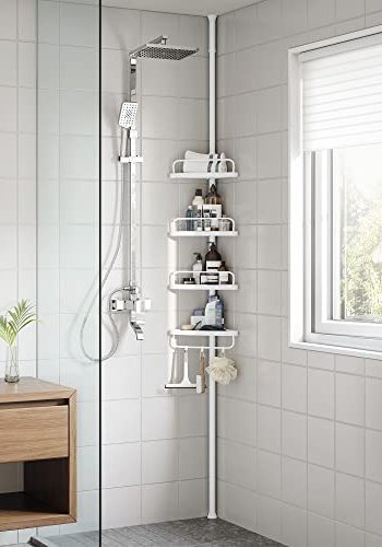 SONGMICS hjrnehylle for dusjkabinett, teleskopisk, m. 4 brett, 3 kroker - hvit plast og stl