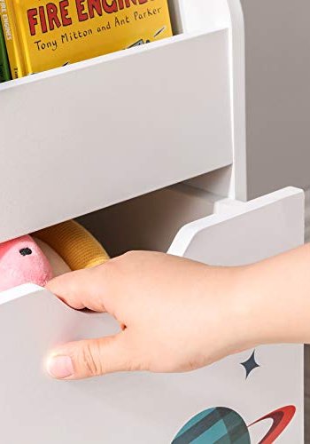 SONGMICS barnebokhylle, m. 3 hyller, flyttbar oppbevaringsboks, hjul - hvit og flerfarget MDF/sponplate