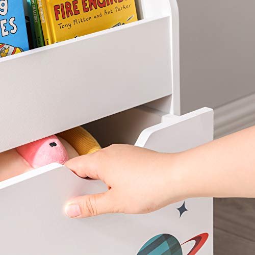 SONGMICS barnebokhylle, m. 3 hyller, flyttbar oppbevaringsboks, hjul - hvit og flerfarget MDF/sponplate