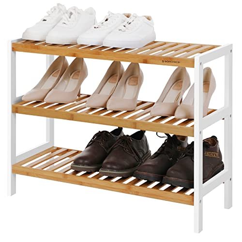 SONGMICS skohylle, m. 3 hyller - naturlig og hvit bambus (70x26)