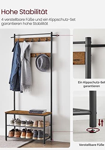 VASAGLE inngangsarrangement, m. 9 kroker, 3 hyller - brun sponplate og sort stl