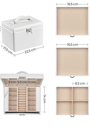 SONGMICS smykkeskrin, 4 lag, lsbar smykkeboks med skuffer, flyelsfôr ? hvit 