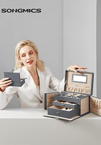 SONGMICS smykkeskrin, lsbar, m. 3 lag, reiseveske, 2 skuffer, speil - gr PU