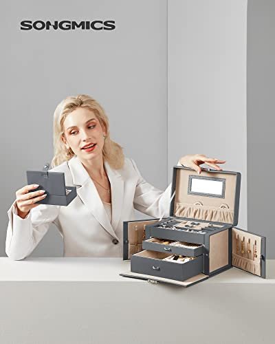 SONGMICS smykkeskrin, lsbar, m. 3 lag, reiseveske, 2 skuffer, speil - gr PU