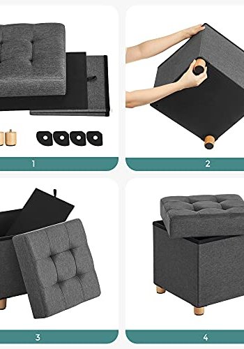 SONGMICS puff, sammenleggbar, med lokk - mrkegr imitert lin og naturlig tre (38x38)