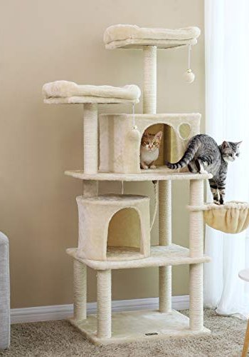 FEANDREA skrapestolpe, 5 niver, 2 plattformer, 2 huler, 2 pom-poms, 1 kurv - beige plysj