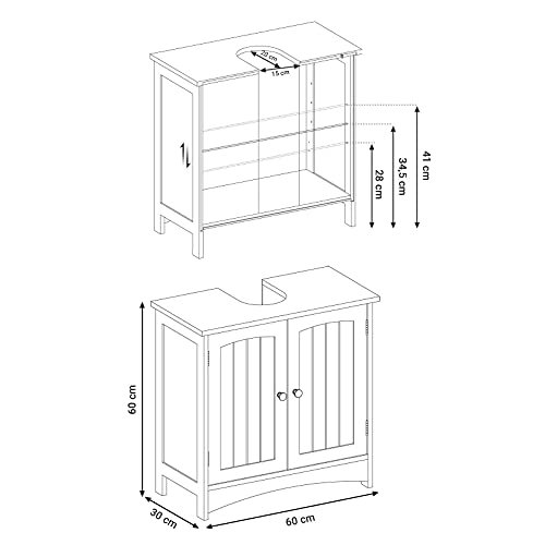 VASAGLE Elmea baderomsservant, m. 2 drer, 1 hylle - hvit MDF