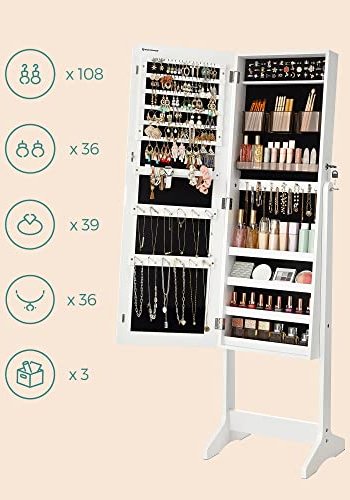 SONGMICS smykkeskap, lsbart, med speil, 2 plastoppbevaring for kosmetikk - speilglass og hvit MDF