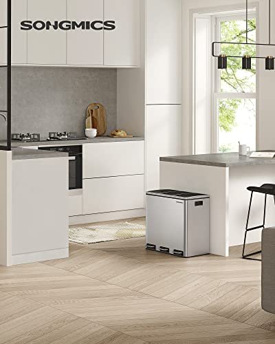 SONGMICS avfallsbeholder, 3-roms, pedal, med mykt lukket lokk, innvendig plastbeholder, hndtak - slvstl