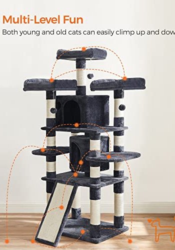 FEANDREA stor skrapestolpe, 5 niver, 3 plattformer, 2 huler, 3 pom-poms - rykgr plysj