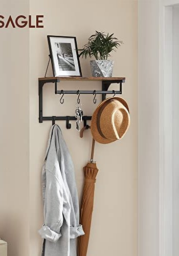 VASAGLE Hutablage, mit Kleiderstange und 8 abnehmbaren Haken – rustikale braune Spanplatte und schwarzer Stahl