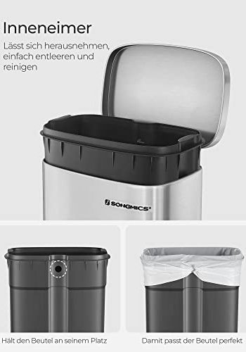 SONGMICS avfallsbeholder, 30L, med innvendig plastbeholder, hengslet lokk, lukttett - slvstl