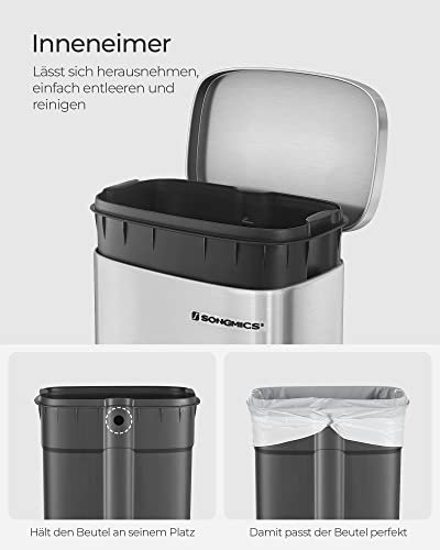SONGMICS avfallsbeholder, 30L, med innvendig plastbeholder, hengslet lokk, lukttett - slvstl