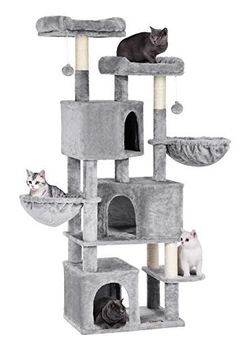 FEANDREA stor skrapestolpe, 8 niver, 2 plattformer, 3 huler, 2 Pom Poms, 2 kurver - lysegr plysj