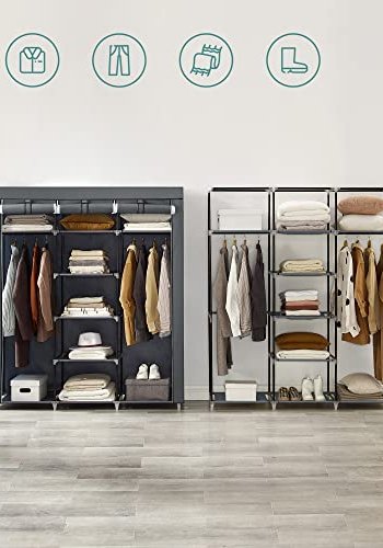 SONGMICS garderobe, sammenleggbar, m. 2 henger og hyller - grtt lerret og stl