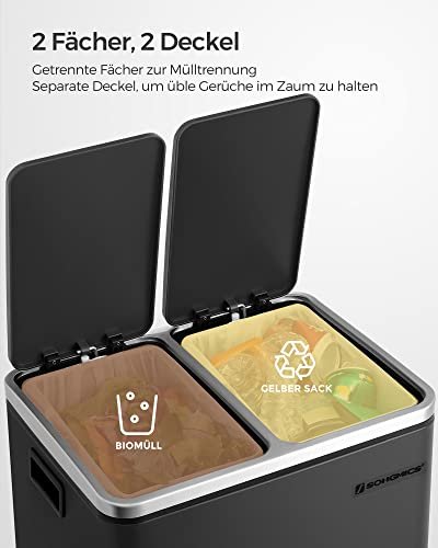 SONGMICS avfallsbeholder, 2 rom, innerbinger, hndtak, myk lukket, luktforsegling - svart stl