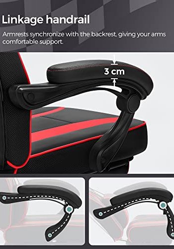 SONGMICS gaming stol, fotsttte, tilt funksjon, nakkesttte, korsryggsttte, armlener, hjul - svart/rd PU