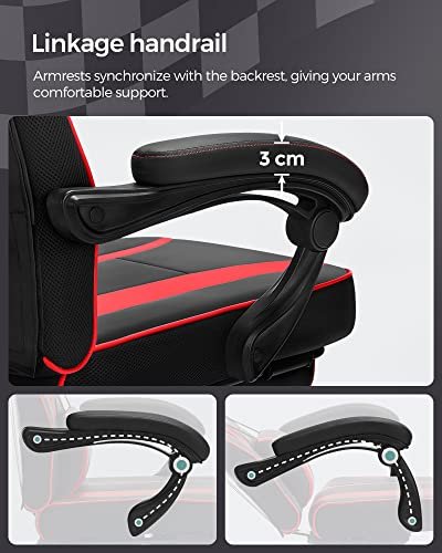 SONGMICS gaming stol, fotsttte, tilt funksjon, nakkesttte, korsryggsttte, armlener, hjul - svart/rd PU
