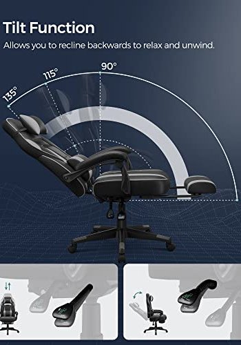SONGMICS gaming stol, med armlener, fotsttte, hodesttte og korsryggpute - svart og gr PU og stl