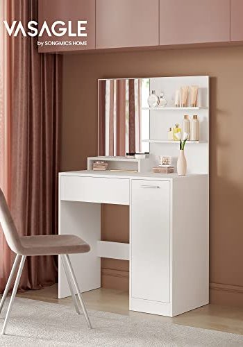 VASAGLE sminkebord, m. speil, 1 skuff, 4 hyller, 1 skapspeilglass og hvit sponplate (80x40)