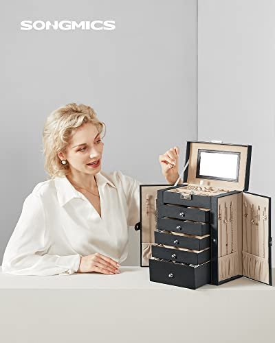 SONGMICS smykkeskrin, lsbar, m. 6 lag, 5 skuffer, speil - sort MDF
