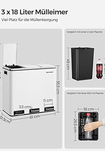 SONGMICS avfallsbeholder, 3-roms pedalbeholder, soft close lokk, innvendige plastbeholdere, hndtak - hvitt stl