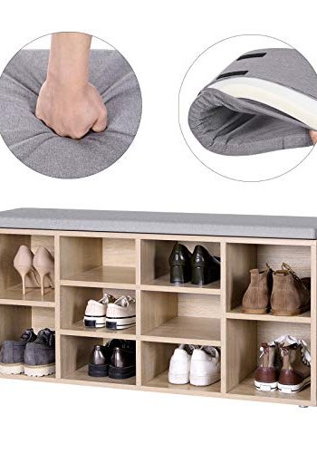 VASAGLE skobnk, skohylla, frvaringsskp, 10 fack, med kudde, fr hall, 104 x 30 x 48 cm, ekfrg LHS10NL