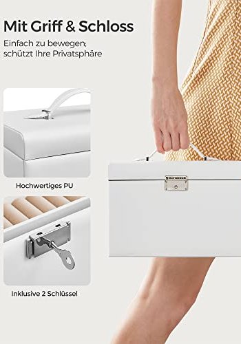 SONGMICS smykkeskrin, m. 2 skuffer, lsbar koffert, speil, transportabel reisekoffert ? hvitt kunstskinn