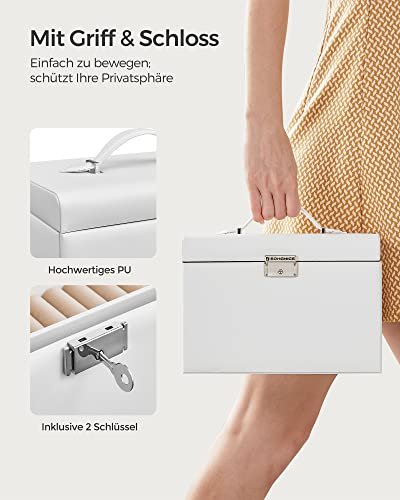 SONGMICS smykkeskrin, m. 2 skuffer, lsbar koffert, speil, transportabel reisekoffert ? hvitt kunstskinn