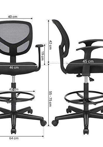 SONGMICS kontorstol, med armlener og justerbar hyde og fotsttte - sort plast og polyester mesh stoff