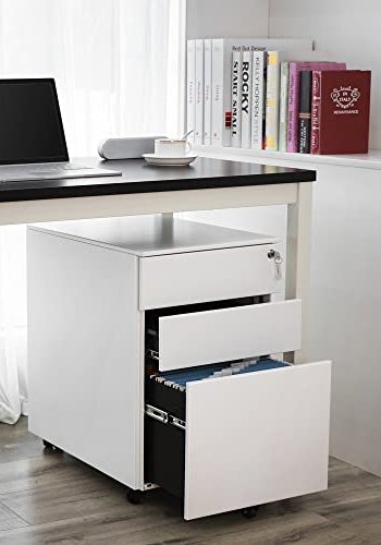 SONGMICS arkivskap, lsbart, m. 3 skuffer, hengemappe, hjul - hvit stl