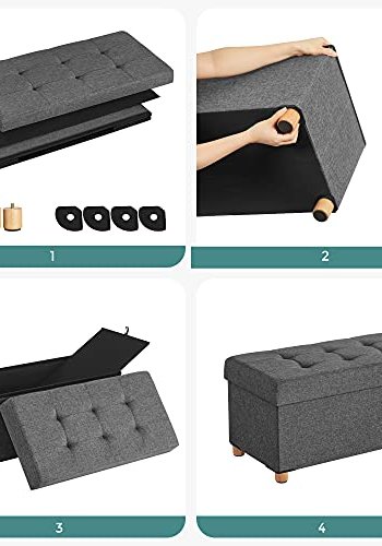 SONGMICS oppbevaringsbenk, m. 1 lokk, sammenleggbart - mrkegr lin og naturlig tre (76x38)