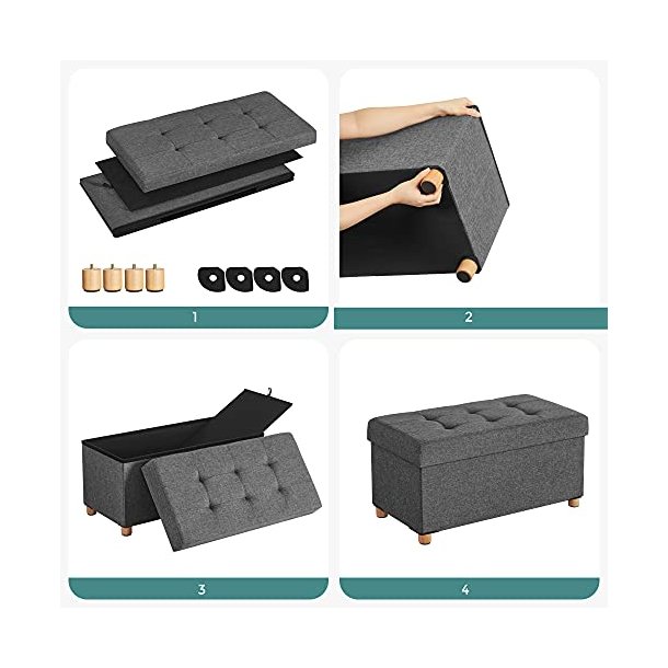 SONGMICS opbevaringsbnk, m. 1 lg, foldbar - mrkegr linned og natur tr (76x38)