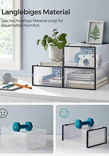 SONGMICS skostativ, stabelbar, sammenleggbar, opp til UK strrelse 10,5, m. 18 bokser - klar og sort plast