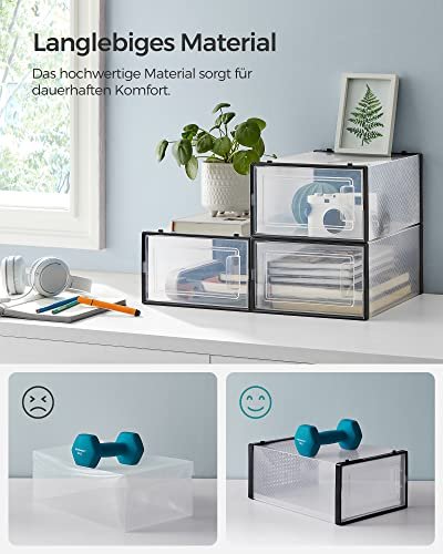 SONGMICS skostativ, stabelbar, sammenleggbar, opp til UK strrelse 10,5, m. 18 bokser - klar og sort plast