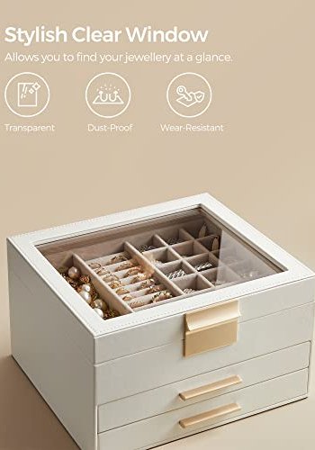 SONGMICS smykkeskrin, 3-lags, med glasslokk og 2 skuffer - gull og hvitt kunstskinn