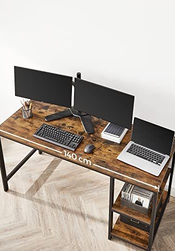 VASAGLE skrivebord, m. 2 hyller - rustikk brun sponplate og sort stl (140x60)