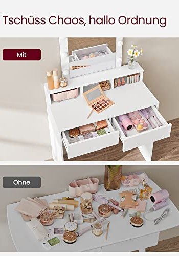 VASAGLE Schminktisch, mit Spiegel, Glühbirnen, 2 Schubladen, 3 Fächern – Spiegelglas und weiße Spanplatte (80x40)