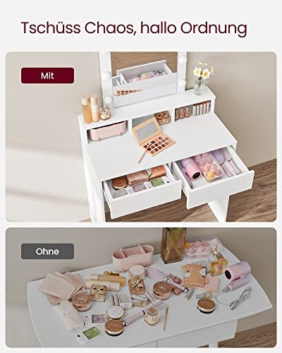 VASAGLE Schminktisch, mit Spiegel, Glühbirnen, 2 Schubladen, 3 Fächern – Spiegelglas und weiße Spanplatte (80x40)