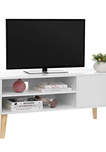 VASAGLE TV-bord, m. 1 dr og 1 hylle - hvit sponplate og naturlig tre (110x40)